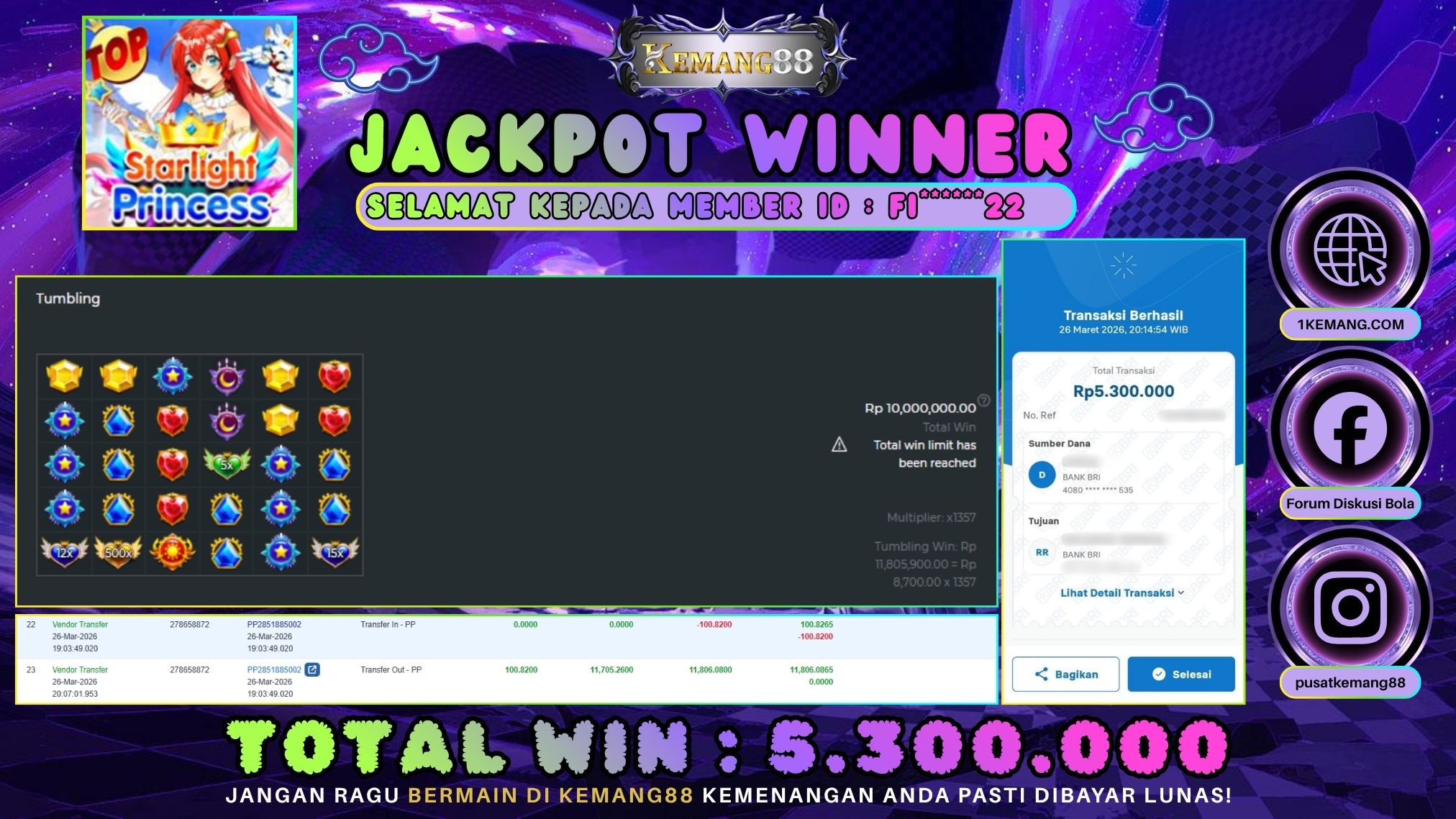 KEMANG88 [26 Maret 2026] : JACKPOT SLOT : STARLIGHT PRINCESS [PP] Rp. 5.300.000.,- LUNAS [1]